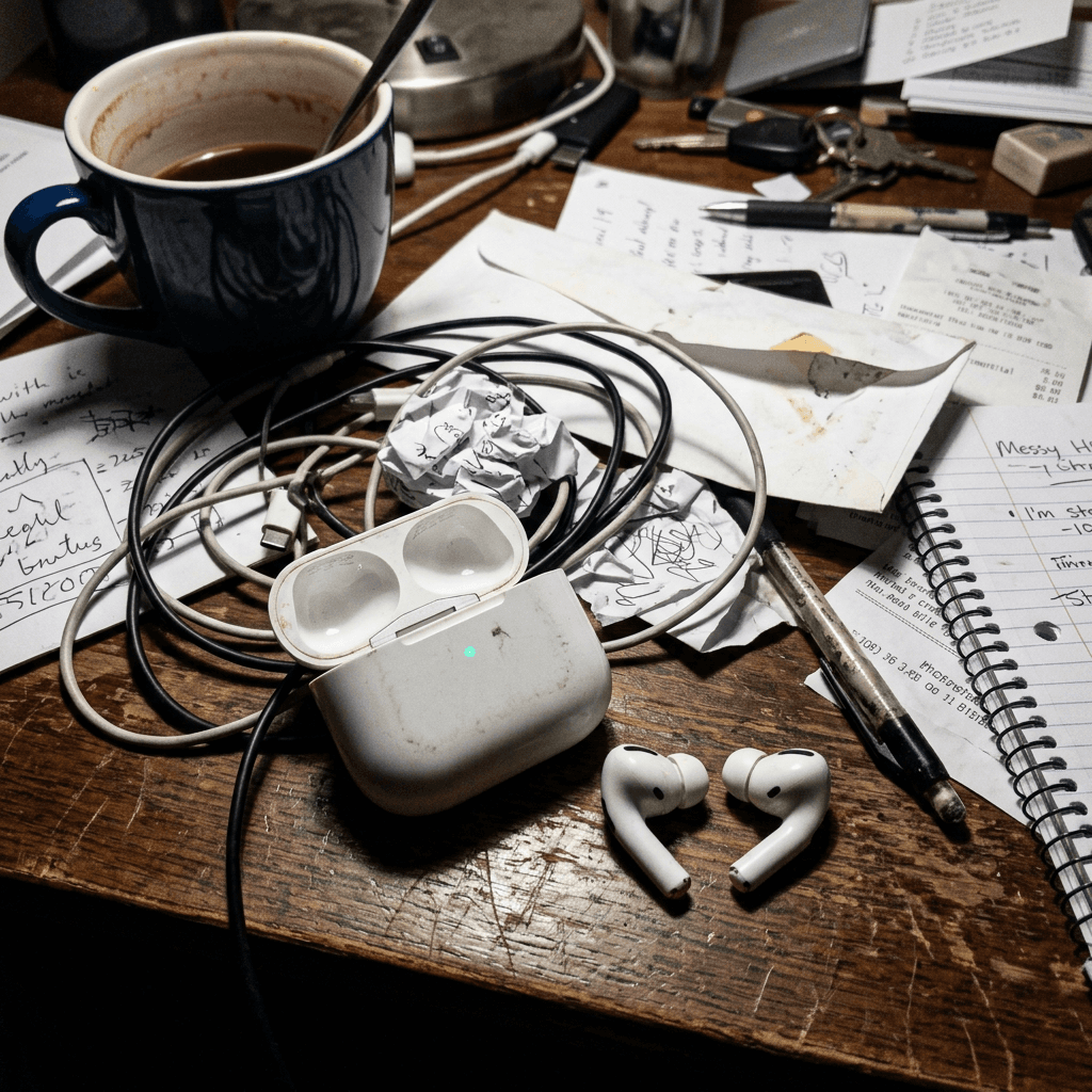 Foto amadora de fone bluetooth em mesa bagunçada